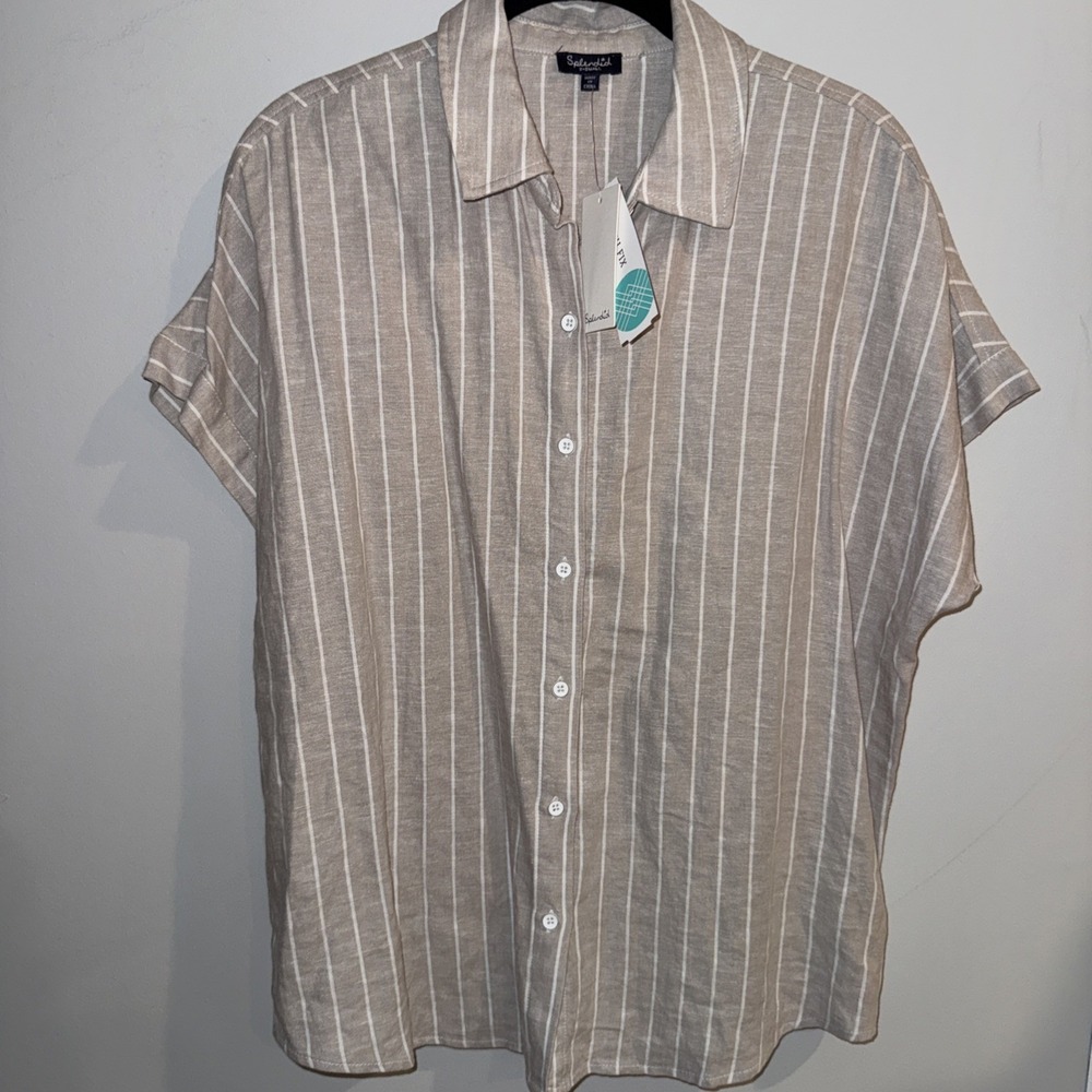 Splendid Haven Shirt Beige White Striped Short Sleeve Button Down XS NEW